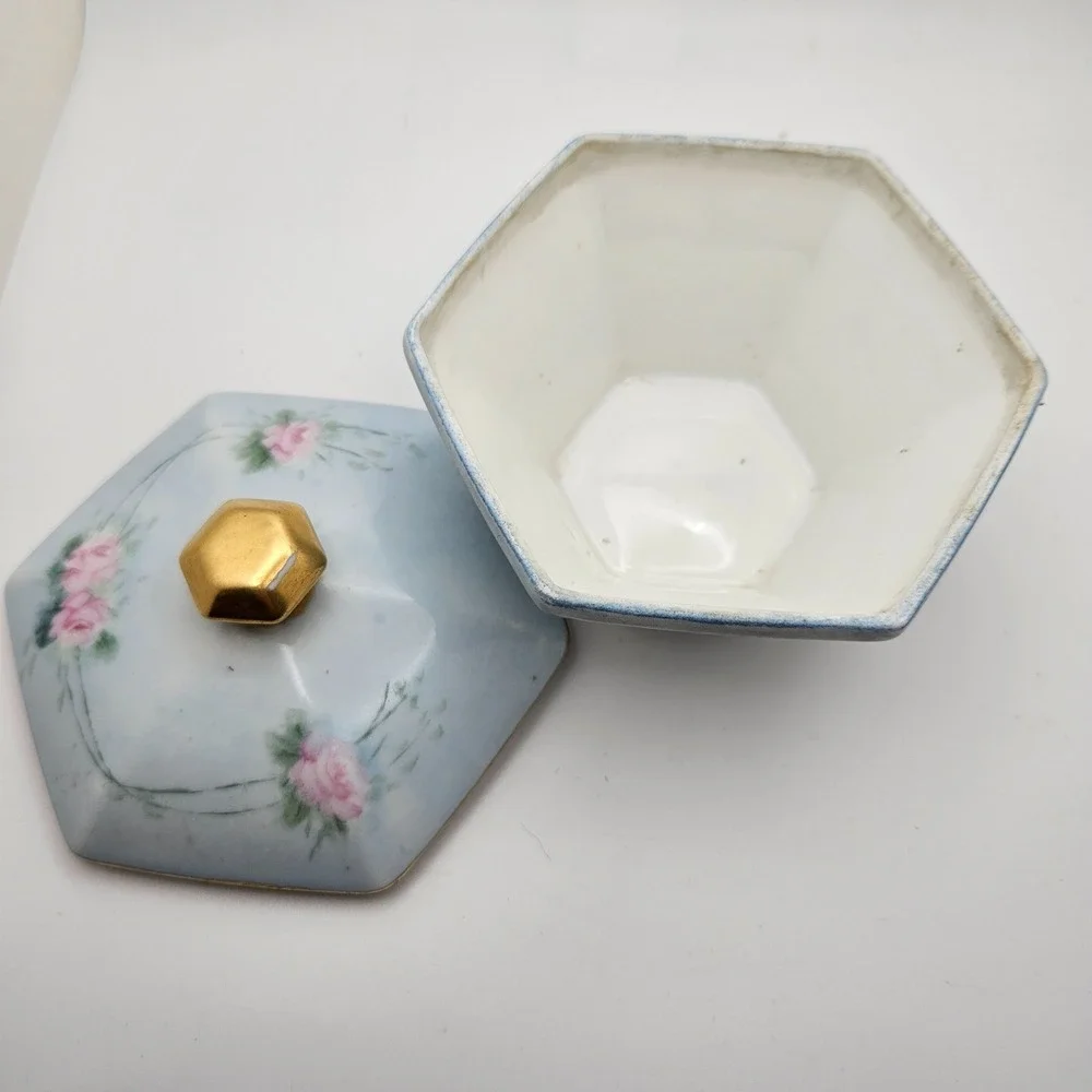 Antique T&V Limoges France 3 Pc Vanity Set Blue Pink Roses Tray‎ Powder Jar
